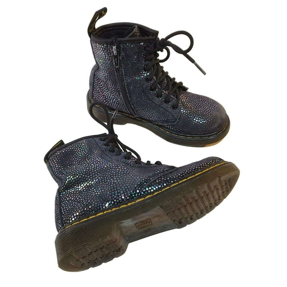 Dr. Martens Pascal Lace Up Boots Black Suede Outer Iridescent Foil Kids Girls 1